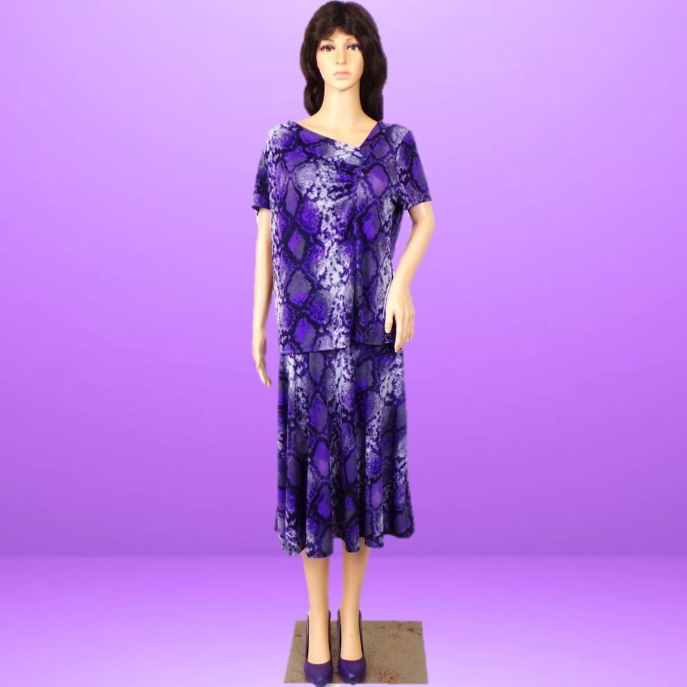 EAST 5TH 2-piece set size L (blouse) & M (skirt) purple/black/gray 100% polyestr